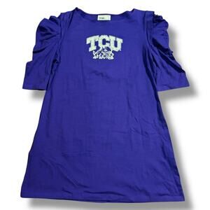 Y2K NOS TCU Mini Sheath Dress Womens Purple White Logo Ruffle Sleeves Size L